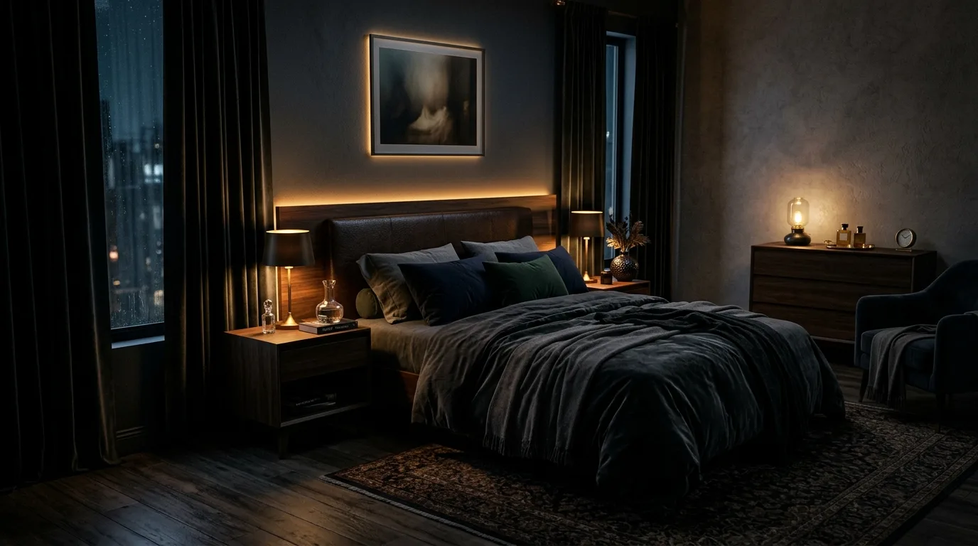 Keep the nightstands styled with restraint inspiration for a moody bedroom.